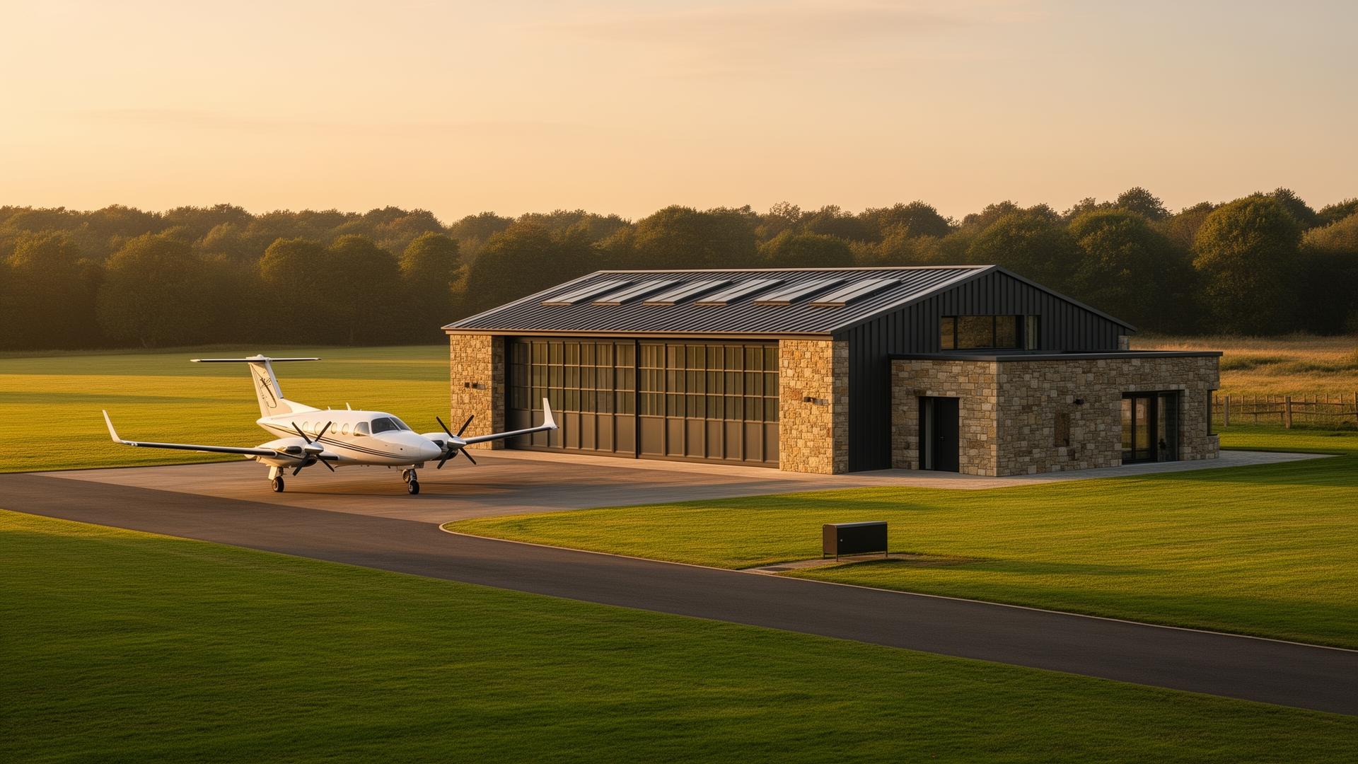 Private hangar and airstrip on the estate at golden hour