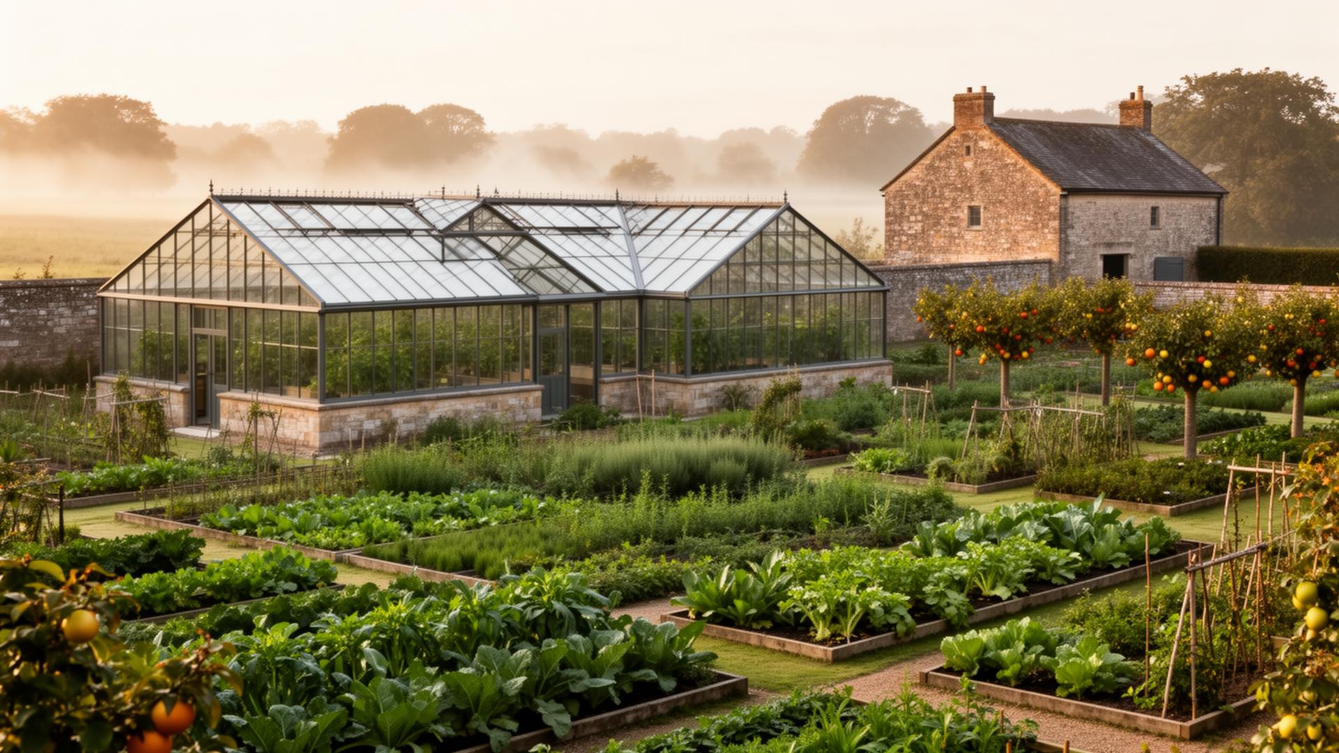 Walled kitchen gardens and glasshouses on a British estate