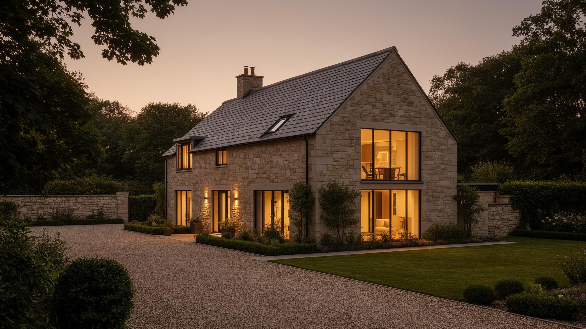 Refined modern stone country home at dusk