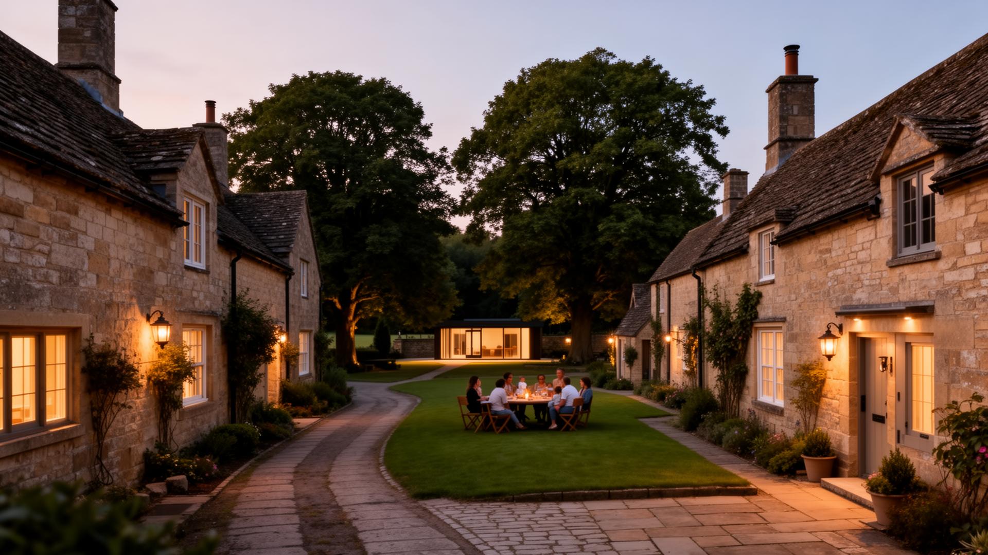 Stone-built village green at twilight
